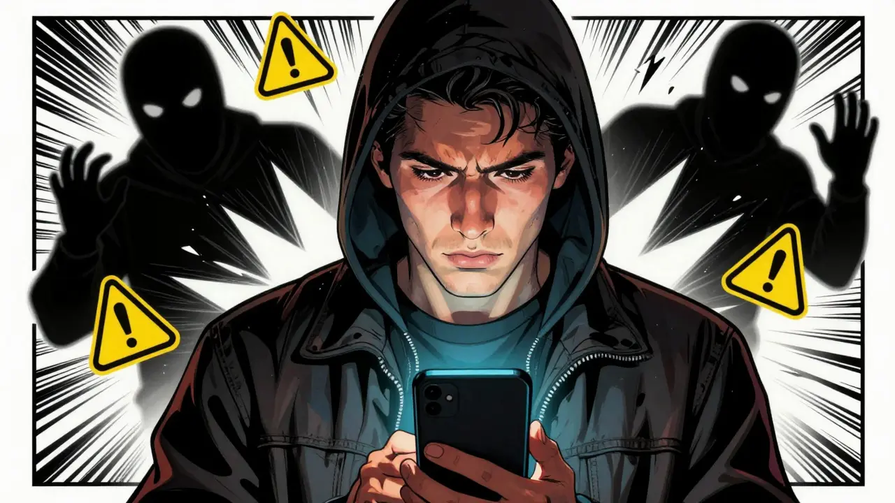 Serious trader checking phone amidst abstract security threat symbols