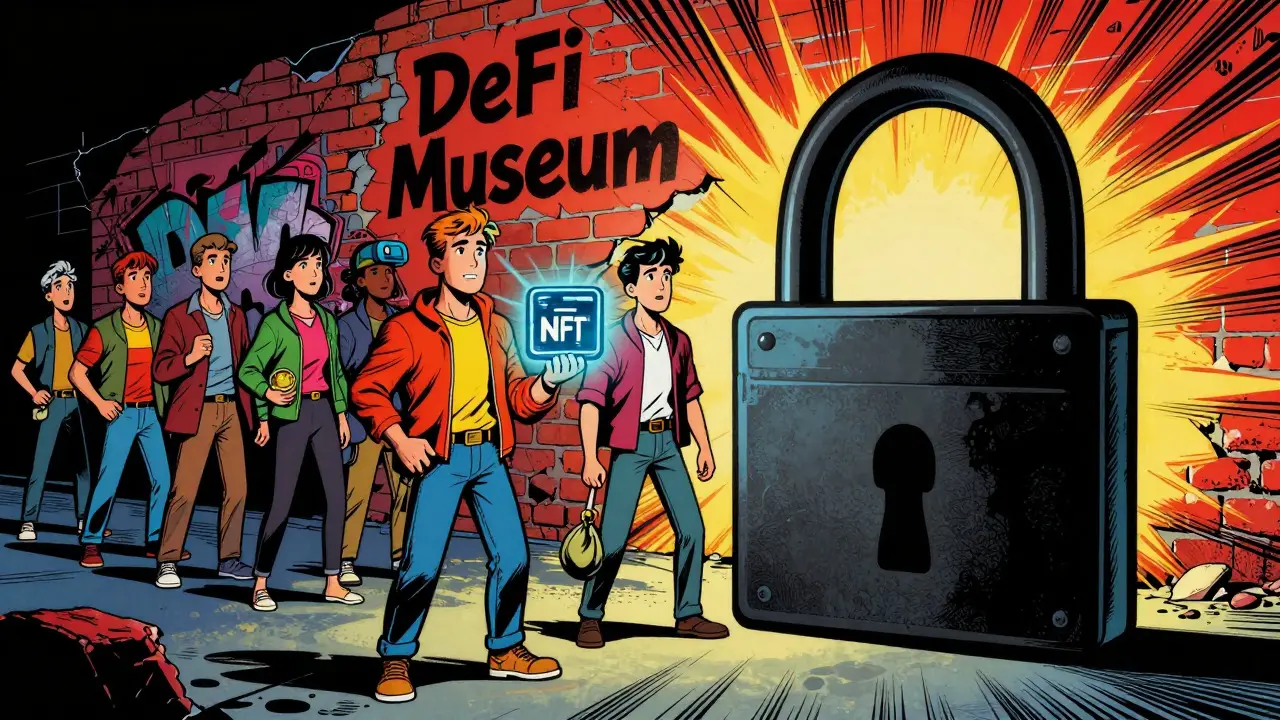 Small group of traders near DeFi museum wall under looming wallet shadow