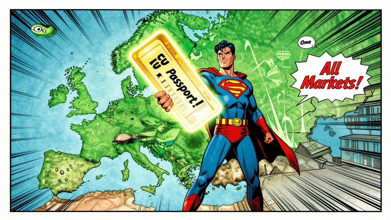 Superhero holding EU passport key over a lit-up map of Europe.