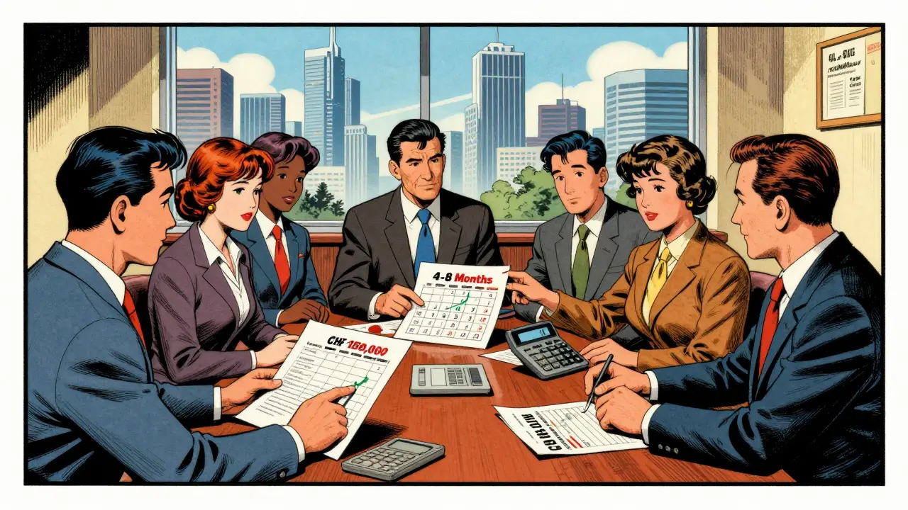Team reviewing compliance costs and timeline in a comic book boardroom