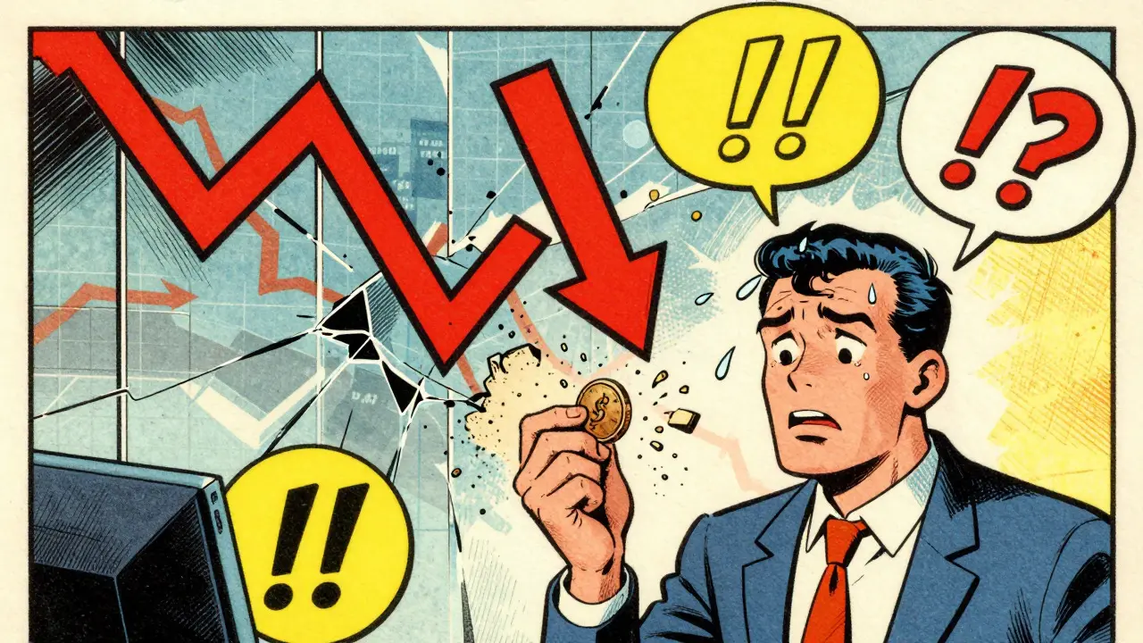 Trader watching coin crumble as red arrow crashes down