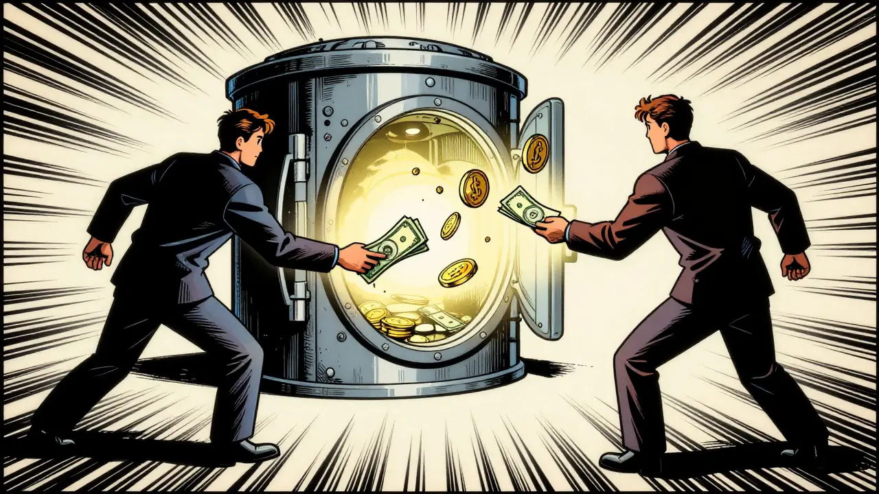 Two people exchanging money and crypto via a secure central vault