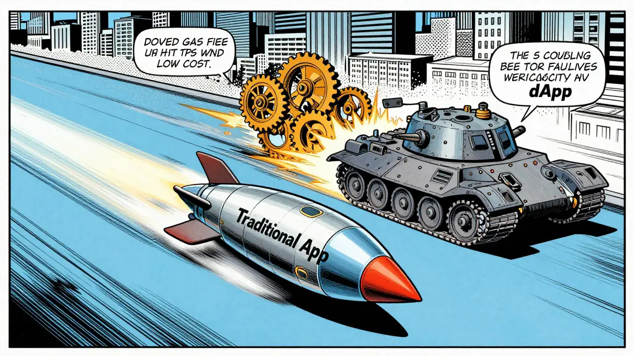 Vintage comic illustration of a fast rocket versus a slow, armored tank, symbolizing app speed and transaction costs.