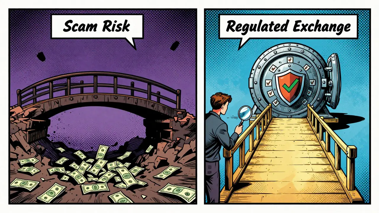 Vintage comic illustration showing a choice between a risky scam path and a safe regulated exchange.