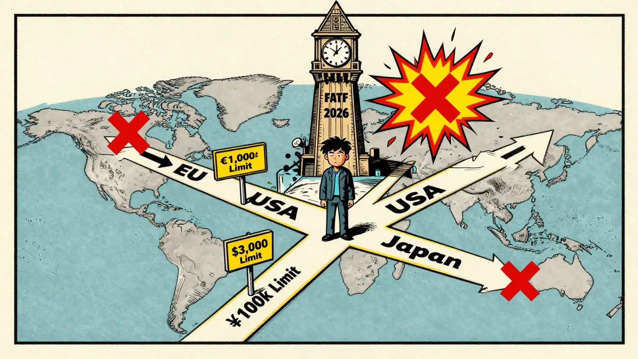 Vintage comic style map of global crypto regulatory thresholds and blocks