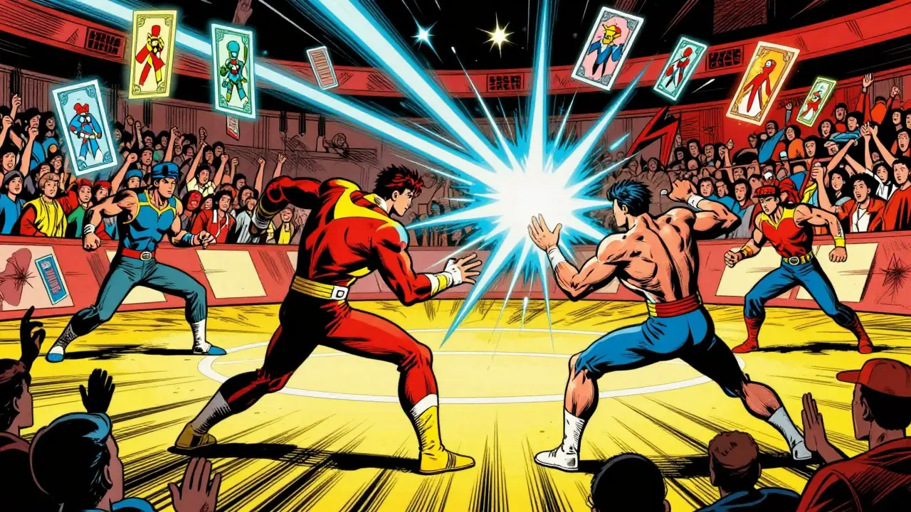 Action-packed comic panel showing characters battling in a holographic arena with energy effects