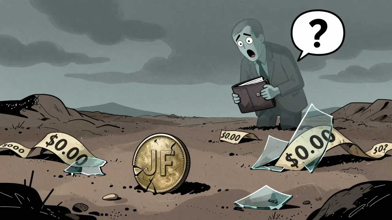 Broken JF coin on ground showing zero value collapse