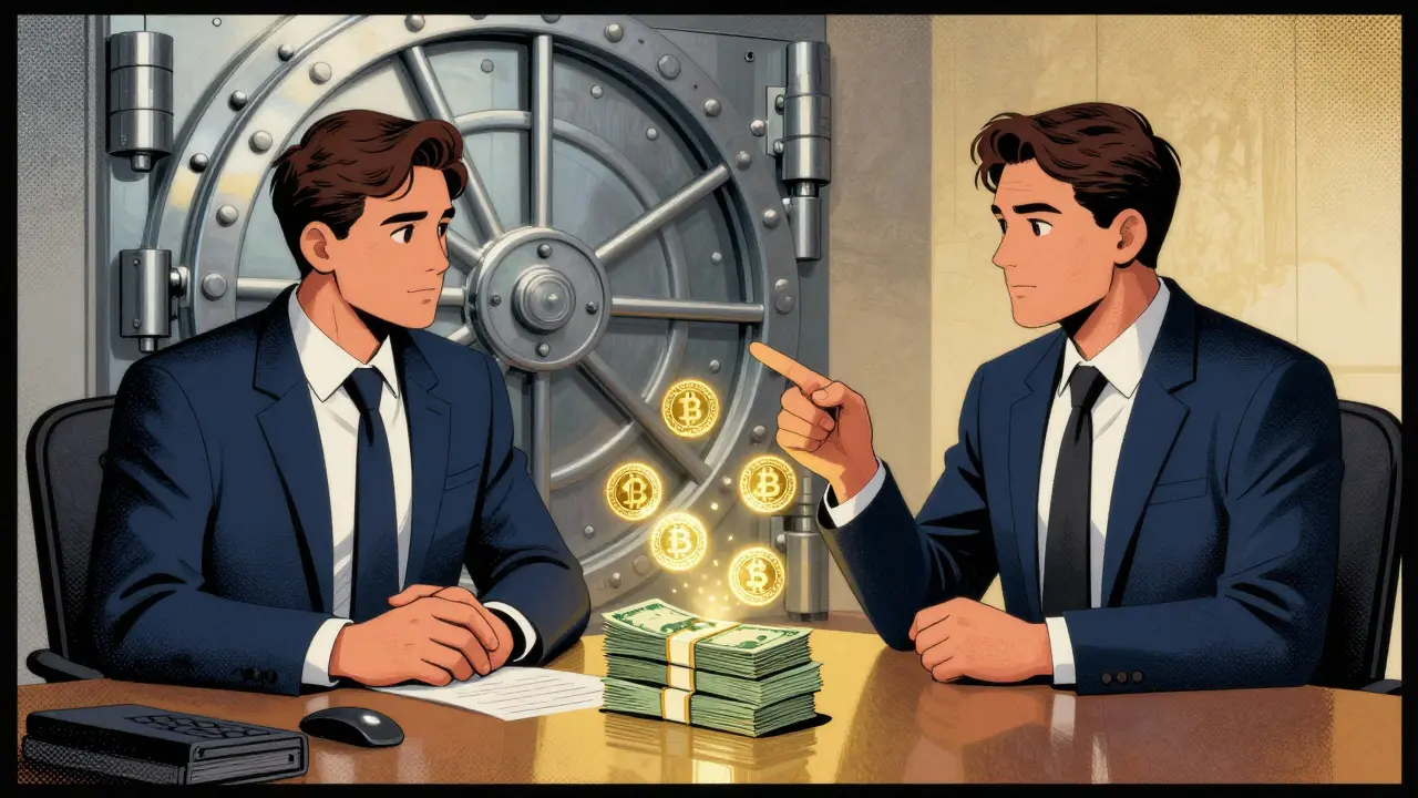 Broker and client discussing OTC crypto trade in comic book style
