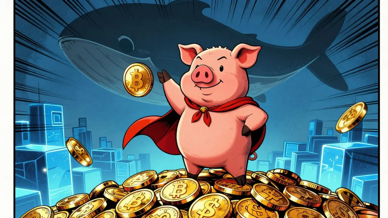 Cartoon pig mascot standing on Solana blocks facing a whale threat.