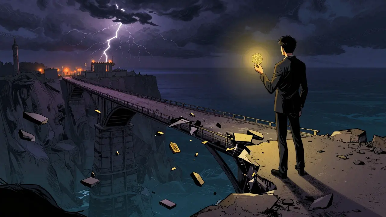 Character on a broken bridge holding a token in comic style