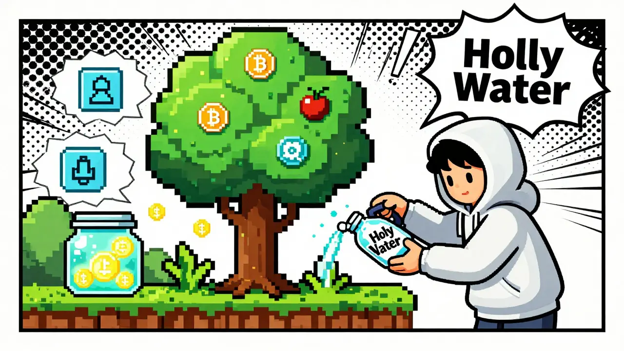 Character watering virtual tree that grows cryptocurrency tokens
