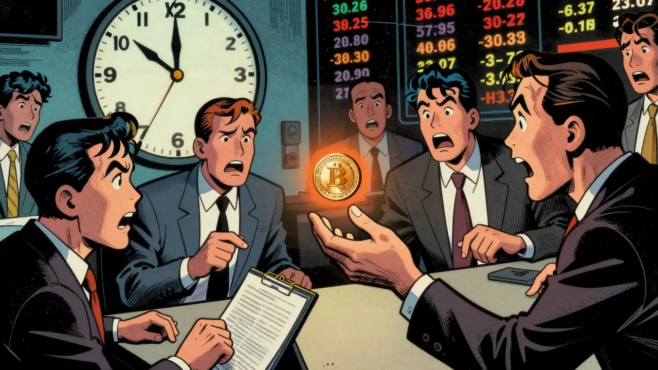 Characters passing a glowing coin in a chaotic trading scene