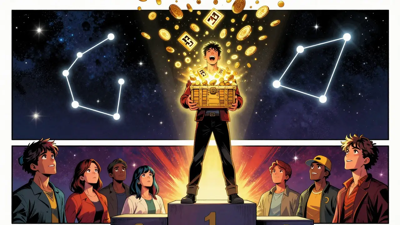 Comic art of a winner holding a treasure chest overflowing with coins and NFTs in space