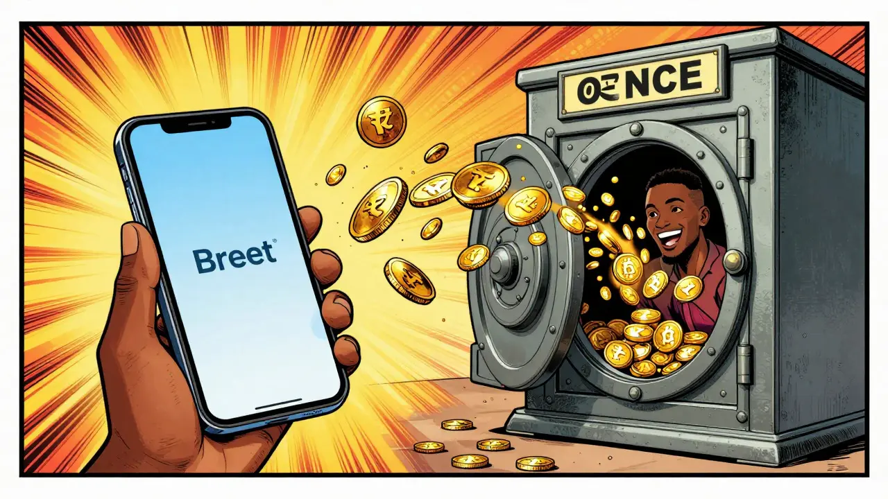 Comic book image showing fast transfer of crypto assets to a local bank vault
