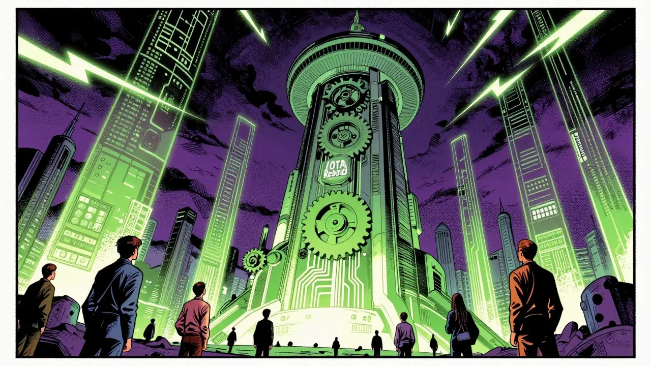 Comic illustration of the IOTA Rebased upgrade tower rising with data streams.