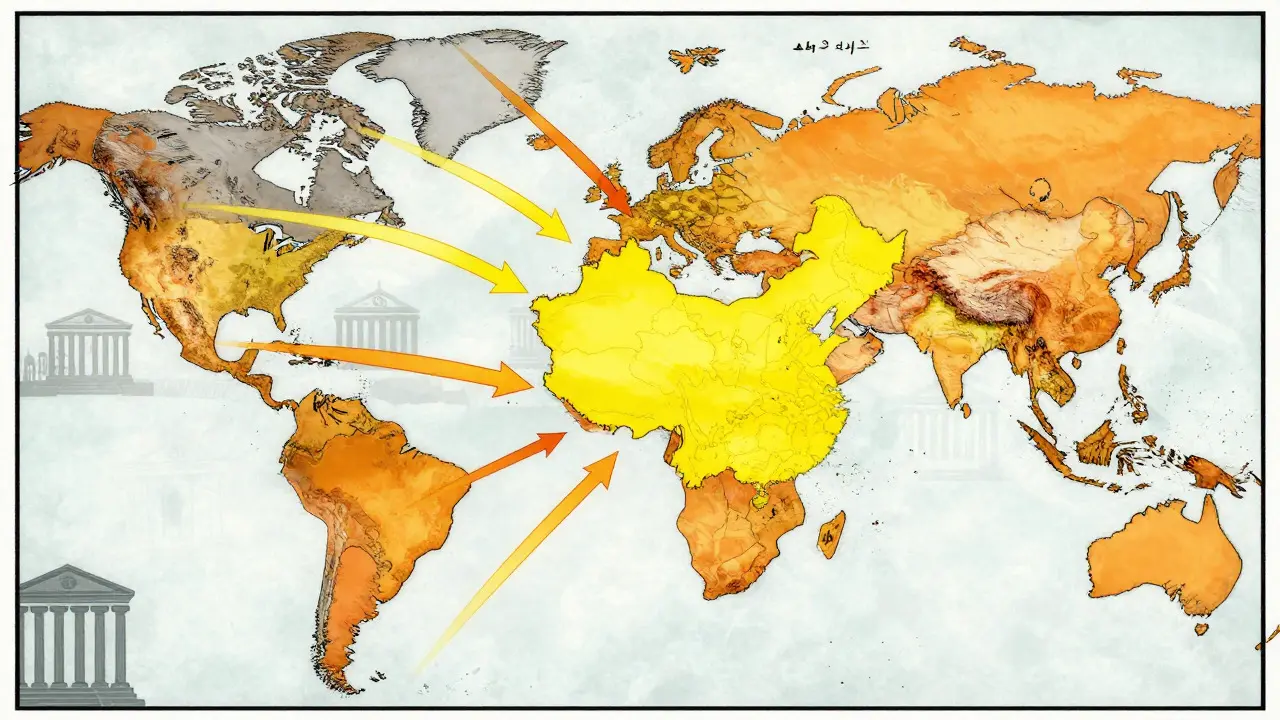 Comic map showing digital yuan expanding globally via trade routes