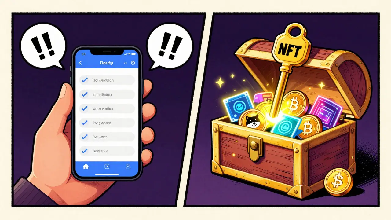 Comic panels showing airdrop steps and crypto rewards