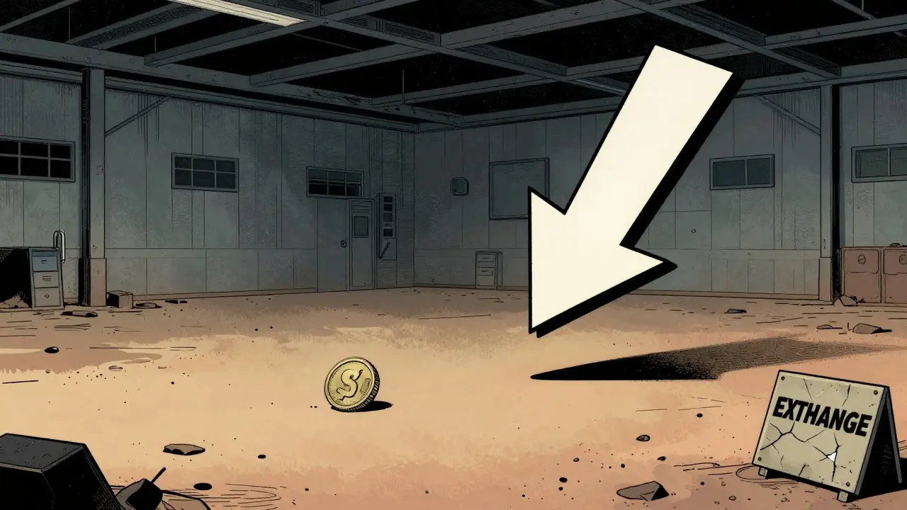 Comic style depiction of a lonely coin in an empty, volatile market