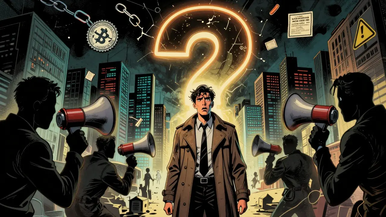 Comic style detective investigating crypto rumors amidst shadowy figures