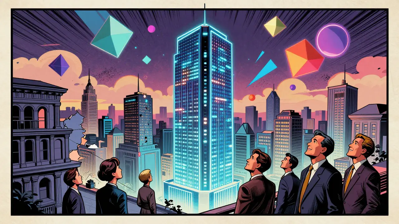 Comic style image of a futuristic digital building rising above traditional finance