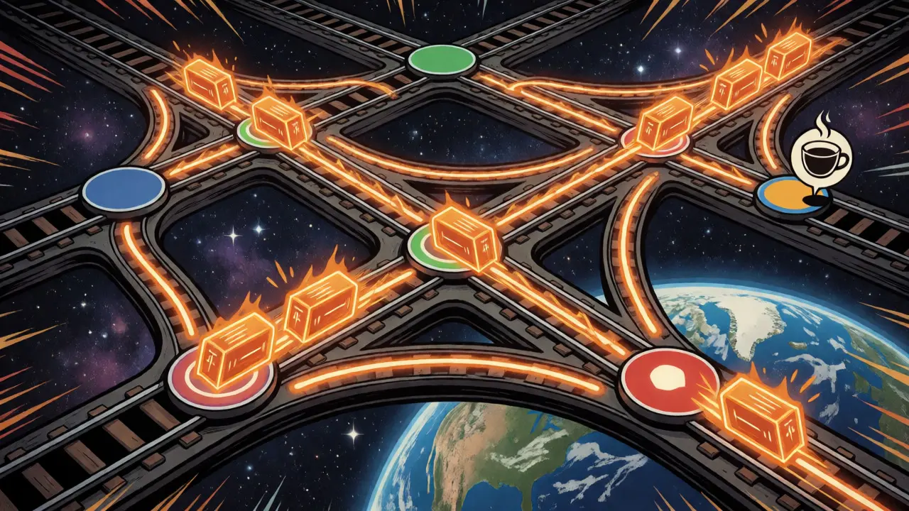 Comic-style network diagram showing lightning payments routing through nodes