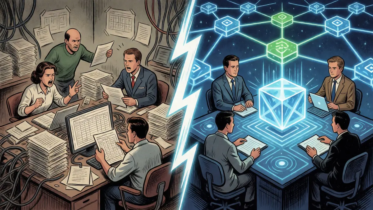 Contrast between chaotic paper offices and organized blockchain networks.