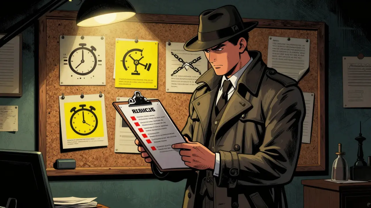 Detective checking scam red flags in noir-style vintage comic illustration