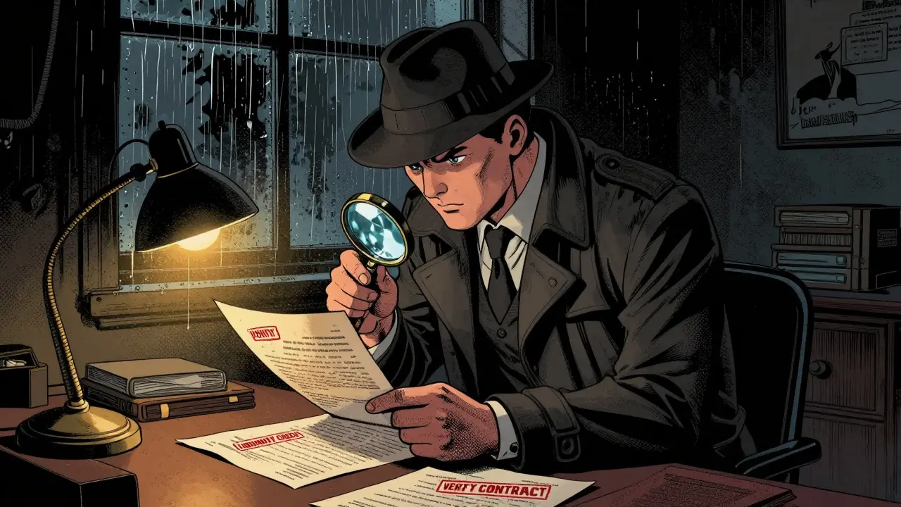 Detective investigating crypto risks with magnifying glass