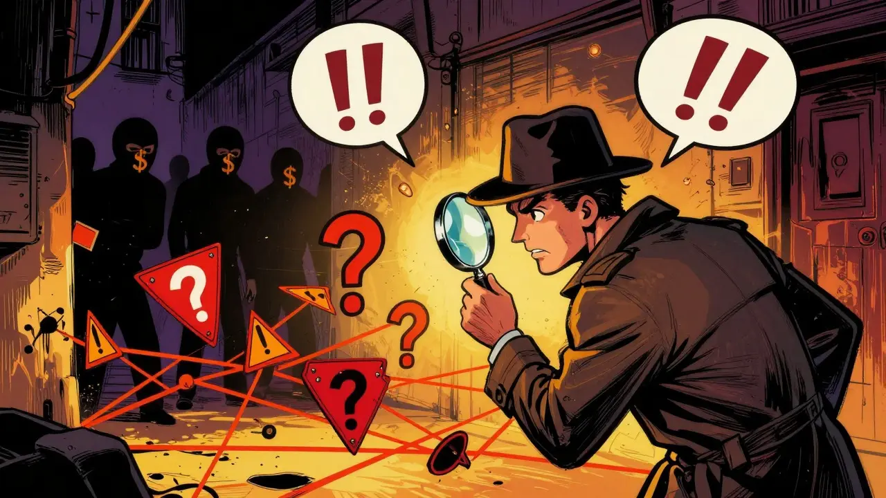 Detective investigating crypto scam warnings in a dark alley