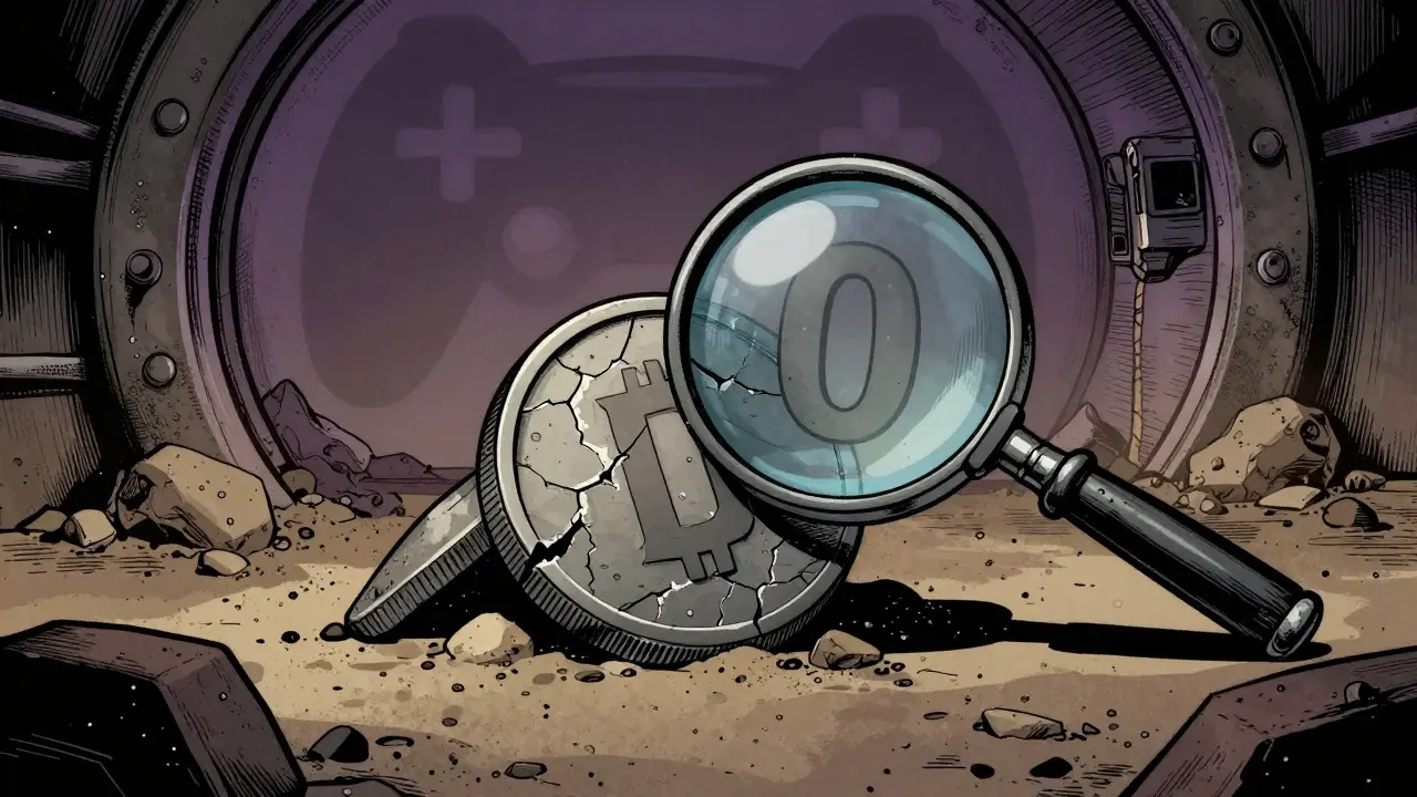Dormant crypto coin with zero supply in dusty vault, vintage comic art
