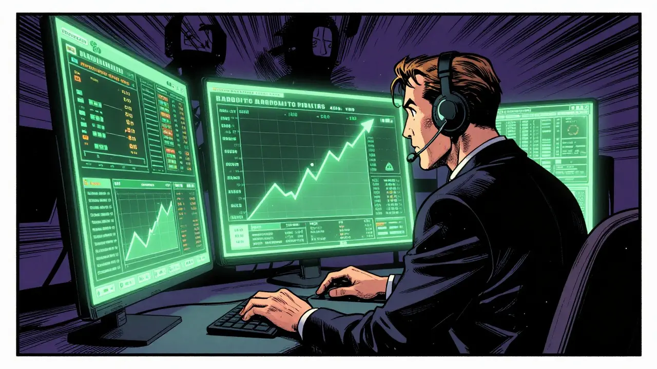 Experienced trader using automated bots on holographic screens