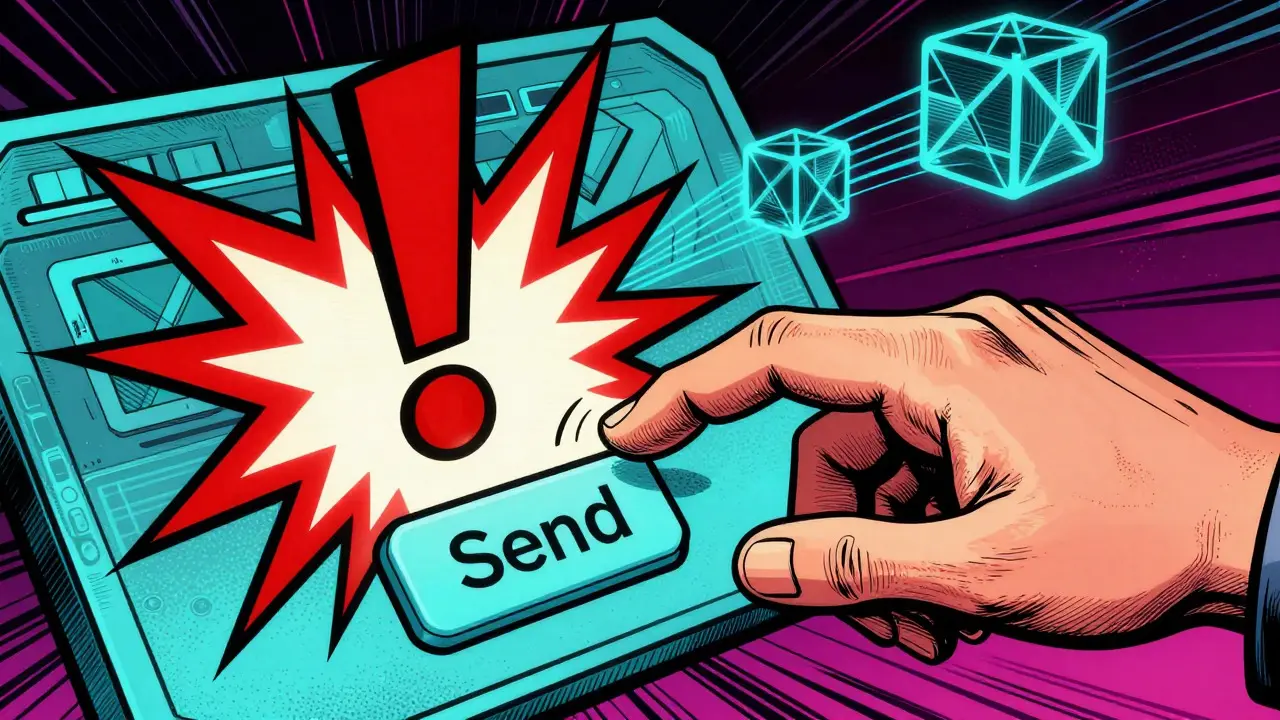Hand pressing send button with explosion symbolizing crypto loss
