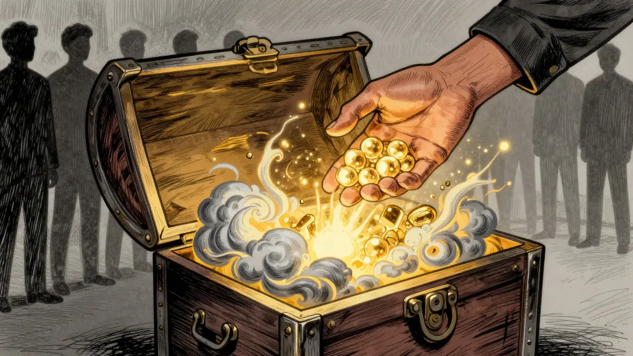 Hand reaching into a treasure chest filled with glowing energy orbs