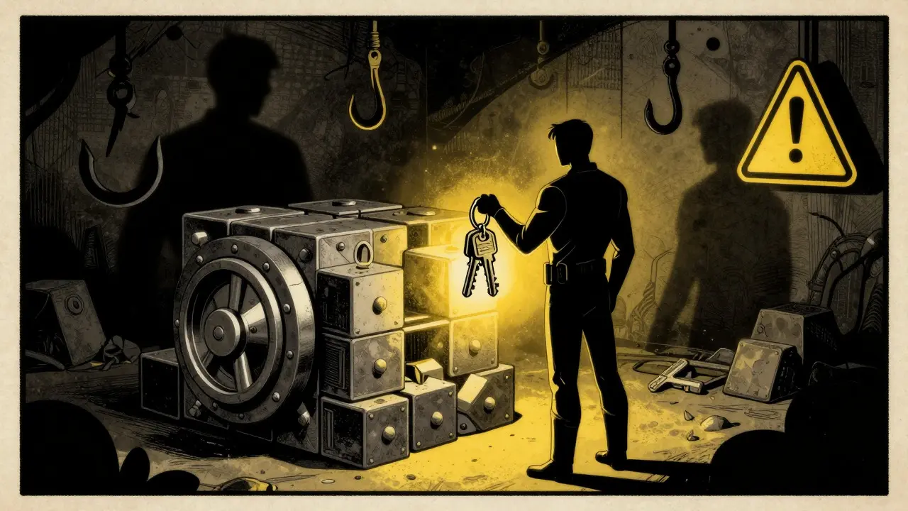 Hero guarding crypto vault with keys, facing shadowy DeFi risks