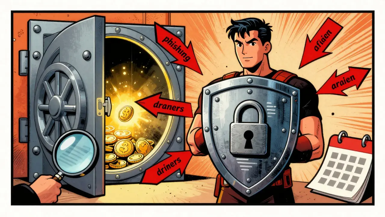 Heroic figure protecting a digital vault from threats in comic book style
