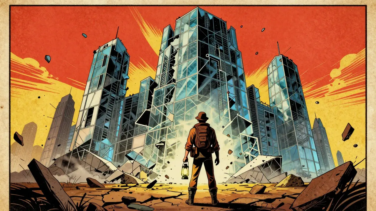 Lone figure with lantern facing a crumbling digital fortress in retro art
