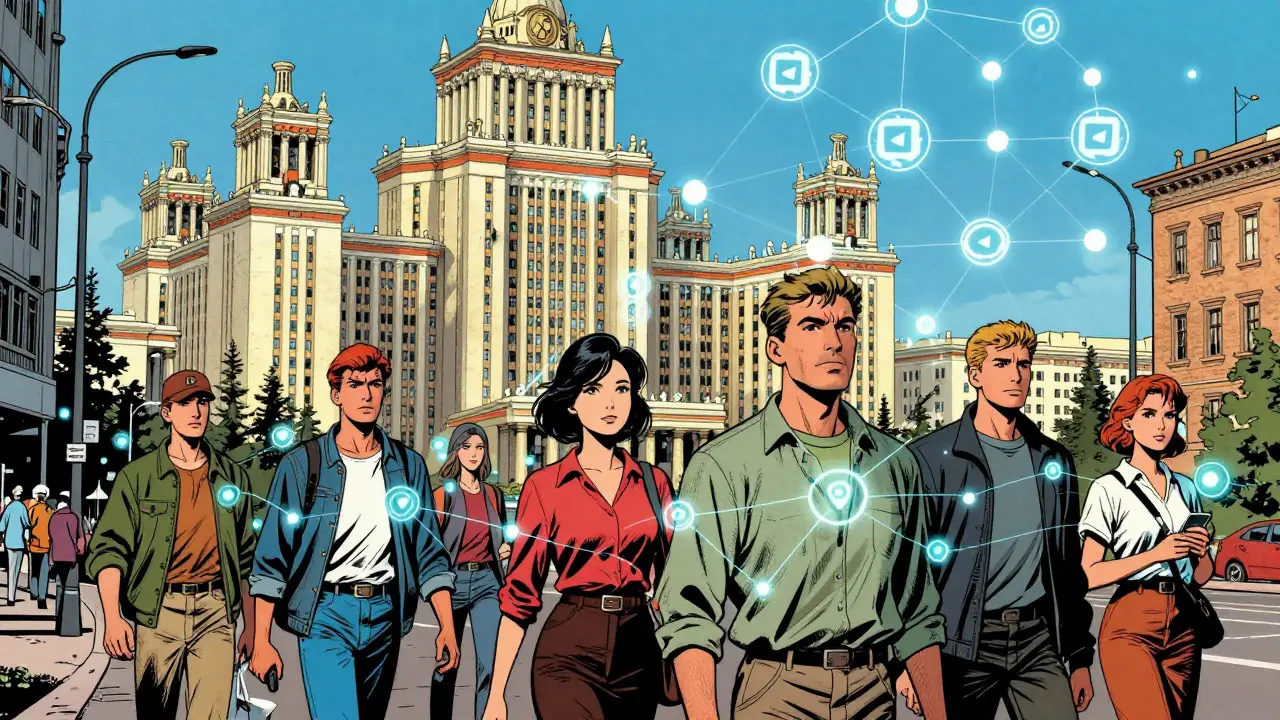 Moscow citizens connected by digital threads near government building