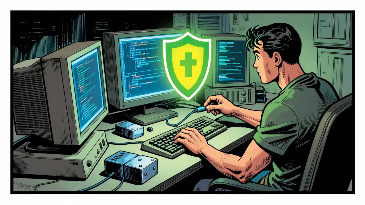 Person securing wallet with a glowing shield on a desk