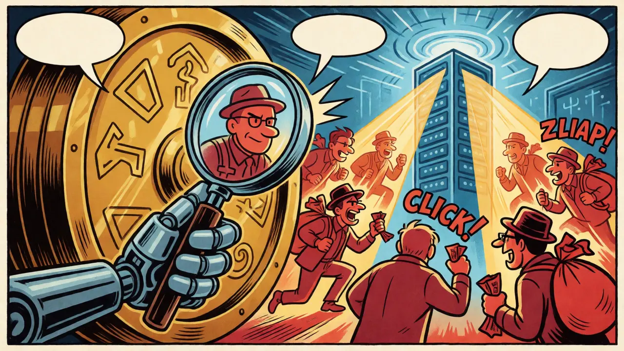 Robotic arm catching fraudsters stealing from a golden insurance vault.
