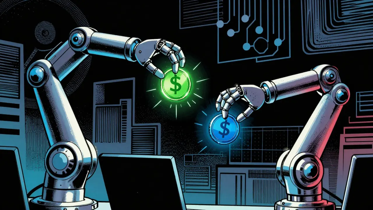 Robotic arms automating crypto trades with sparks and geometric backgrounds