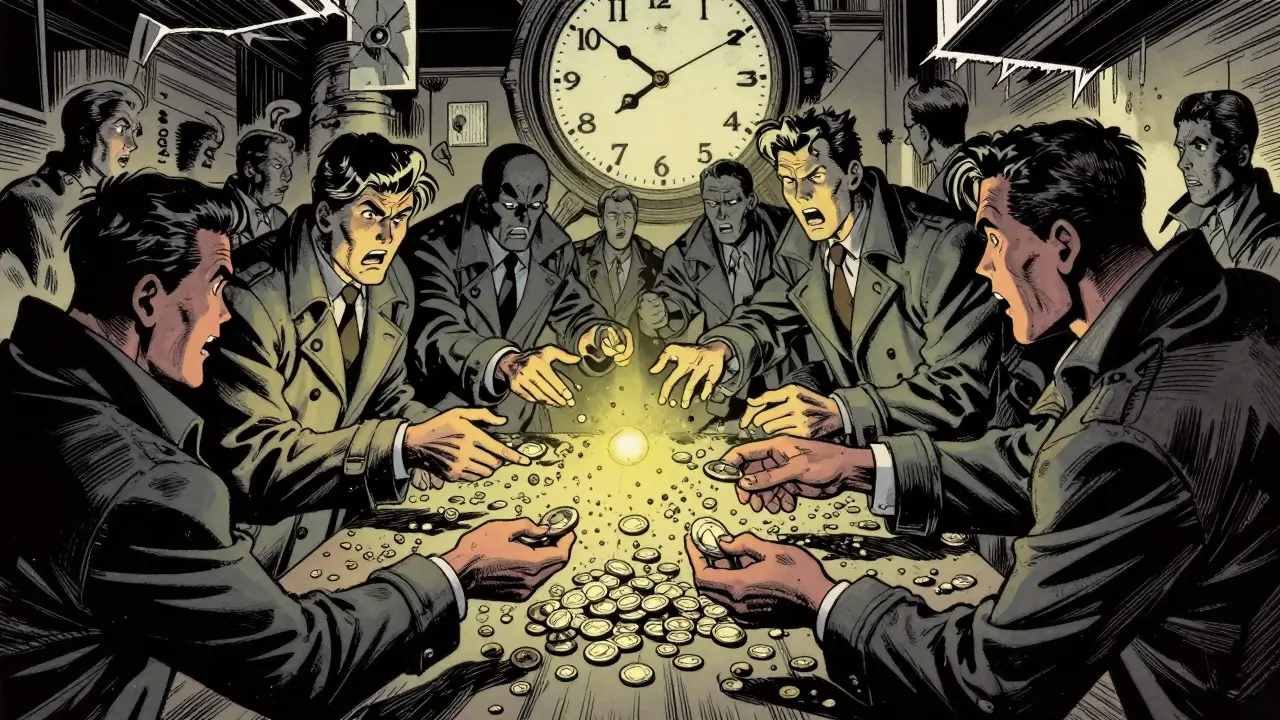 Shadowy figures trading tiny coins in a gritty comic book scene