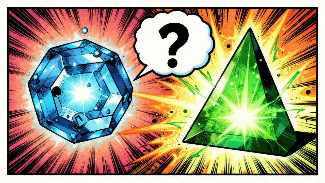 Split screen showing conflicting blockchain tech in comic art