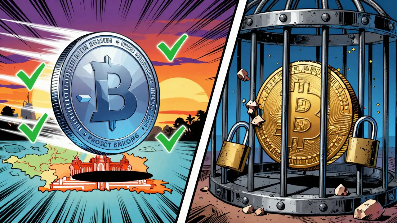 Split view of a free digital coin versus a caged cryptocurrency asset