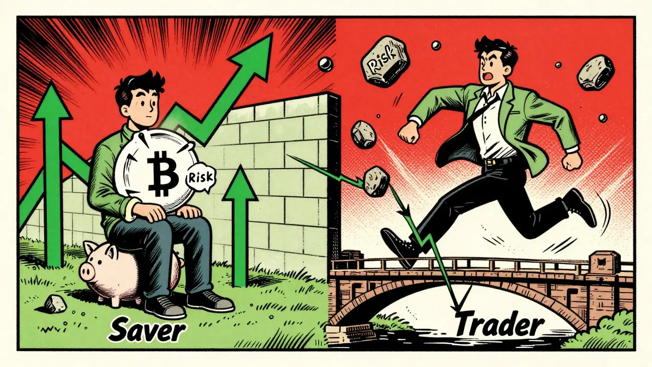 Split view of saver vs trader characters in vintage comic book style