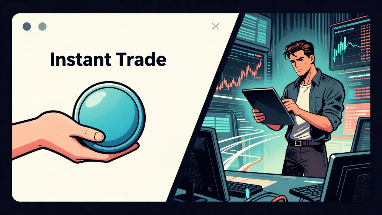 Split view showing simple vs complex trading interfaces in comic art