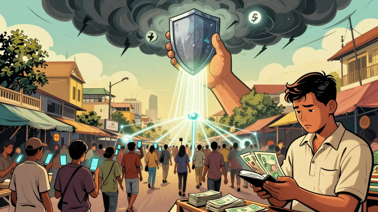 Street market scene with a protective shield overhead in comic art