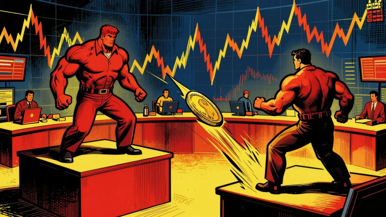 Two figures on unstable platforms with a bouncing coin between them