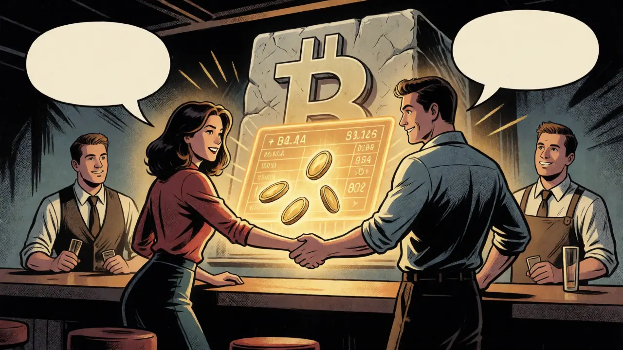 Two people exchanging digital coins at a bar, illustrating state channel tabs
