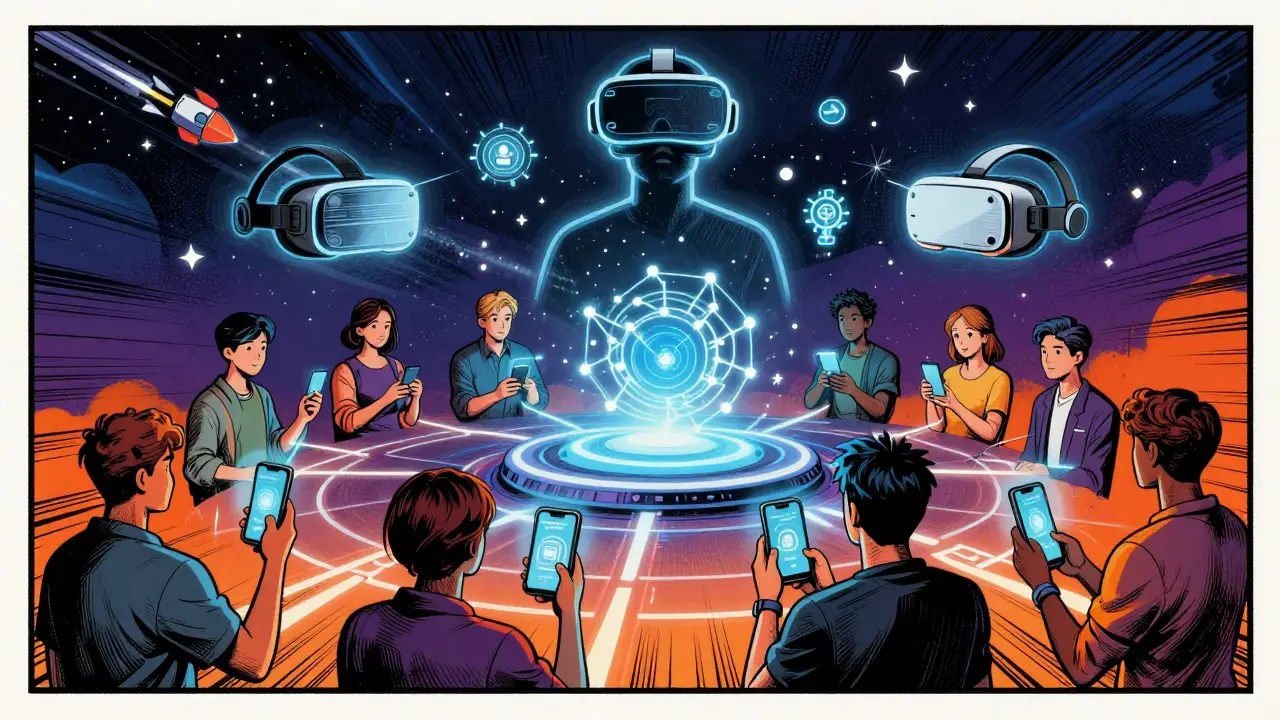 Users connecting to blockchain hub with VR and AI future tech