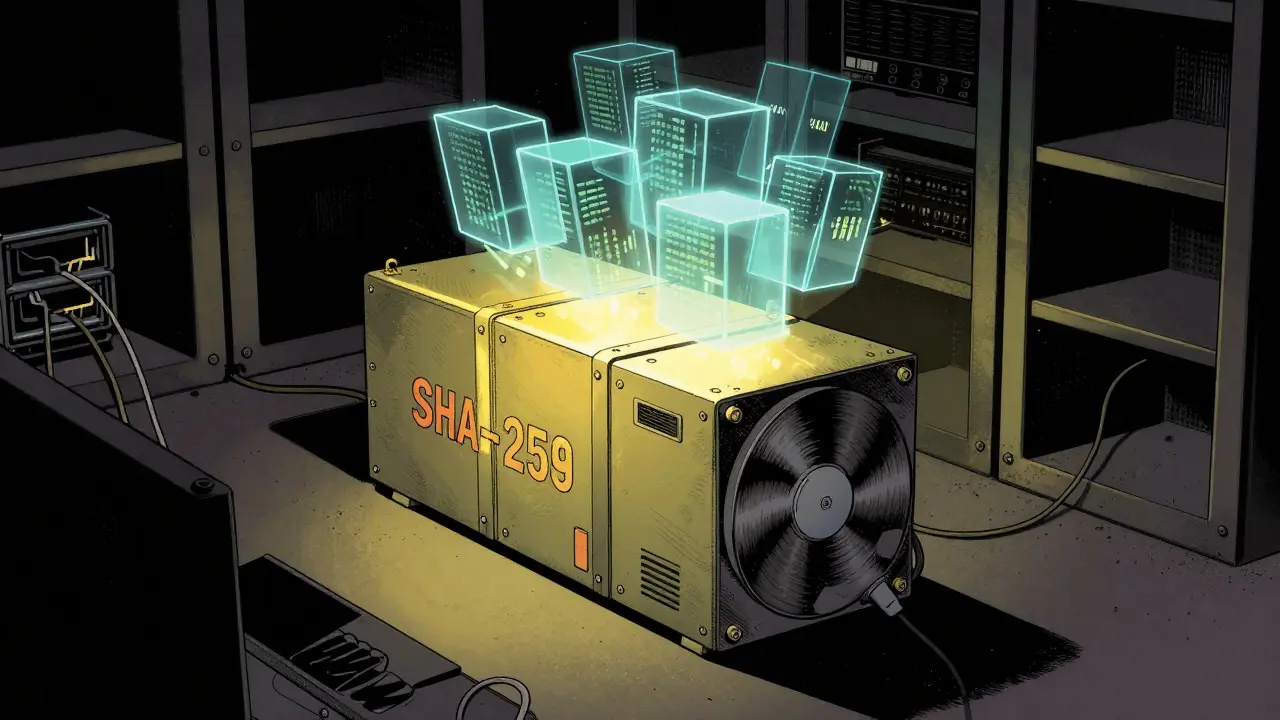 Vintage comic art of a Bitcoin-style mining rig processing fast blocks